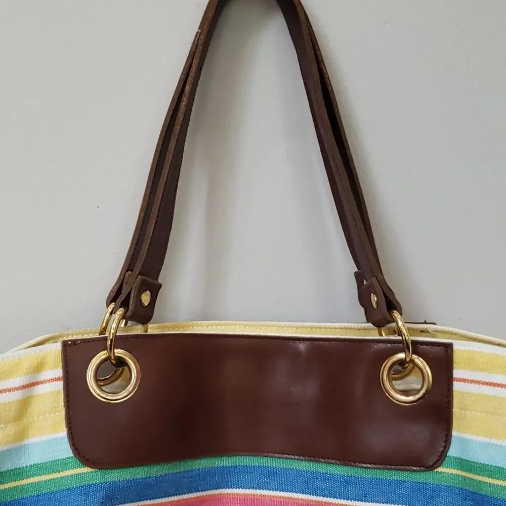 Talbots Tote Colorful Striped Cotton Leather Double Handles XL Beach Mom Stuff